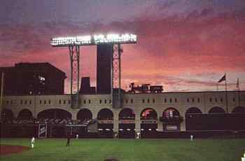 Photograph of Minute Maid Park at dusk, from field level, during a game